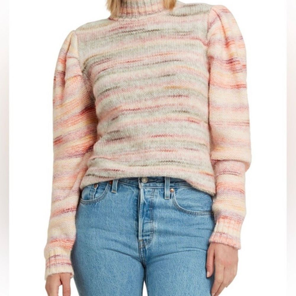 H by Halston Women's Puff Sleeve Sweater Mock Neck Spacedye Pink Size Large NWT